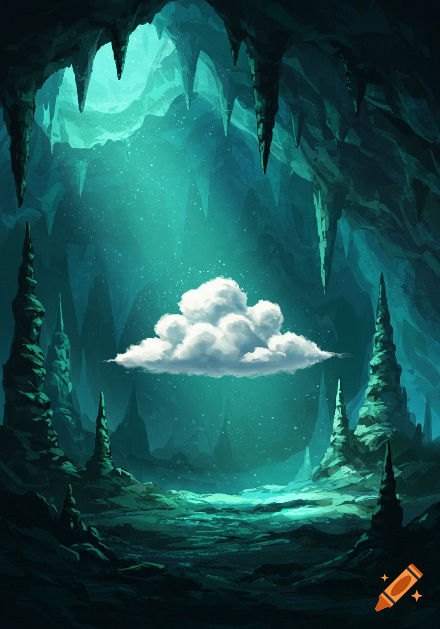 A bright white cloud floats in a mysterious, glowing blue-green fantasy cave filled with stalactites and stalagmites.