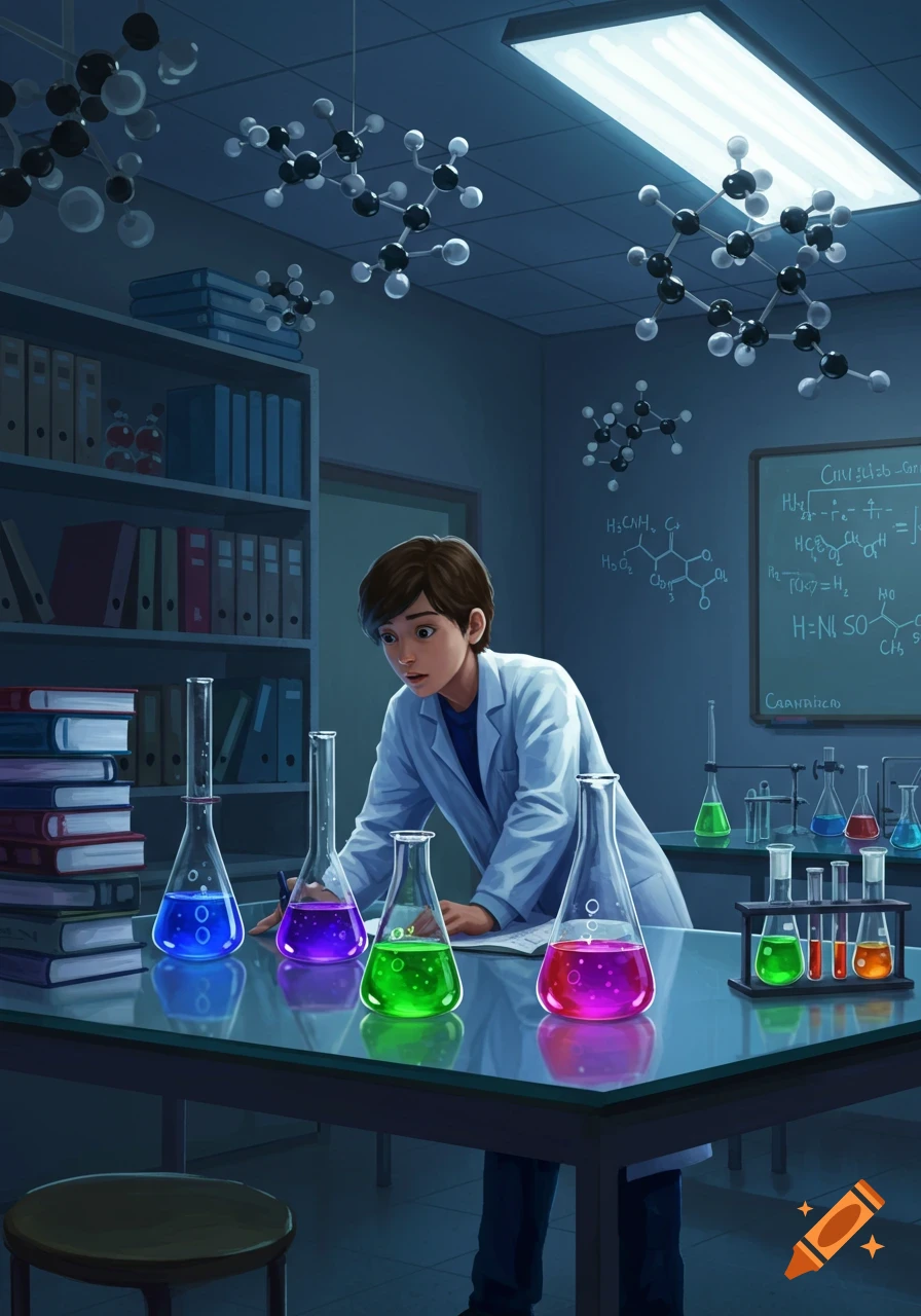 A young student in a lab coat looks intently at colorful beakers on a table in a dimly lit chemistry lab, with molecular models hanging.