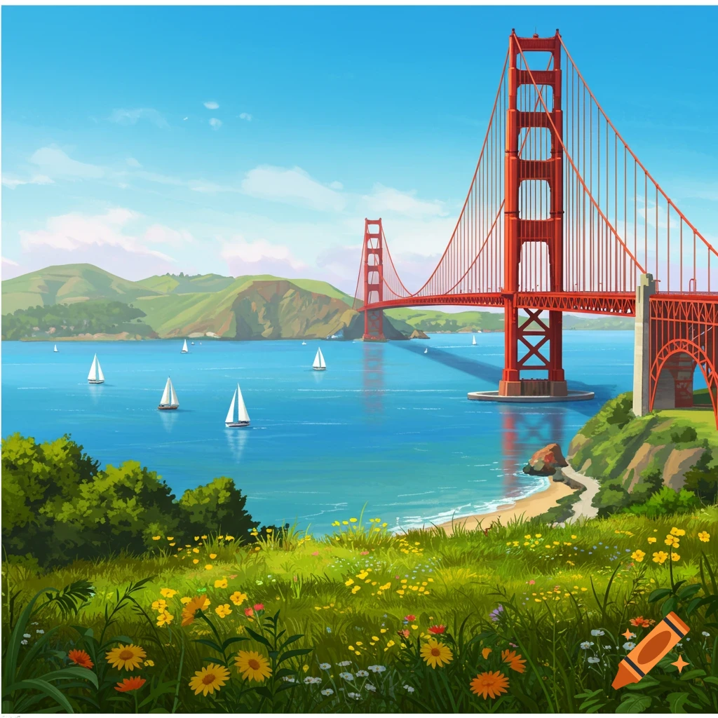 Cartoon illustration of the Golden Gate Bridge on a sunny day, with sailboats on the bay and a grassy, flowery hill in the foreground.