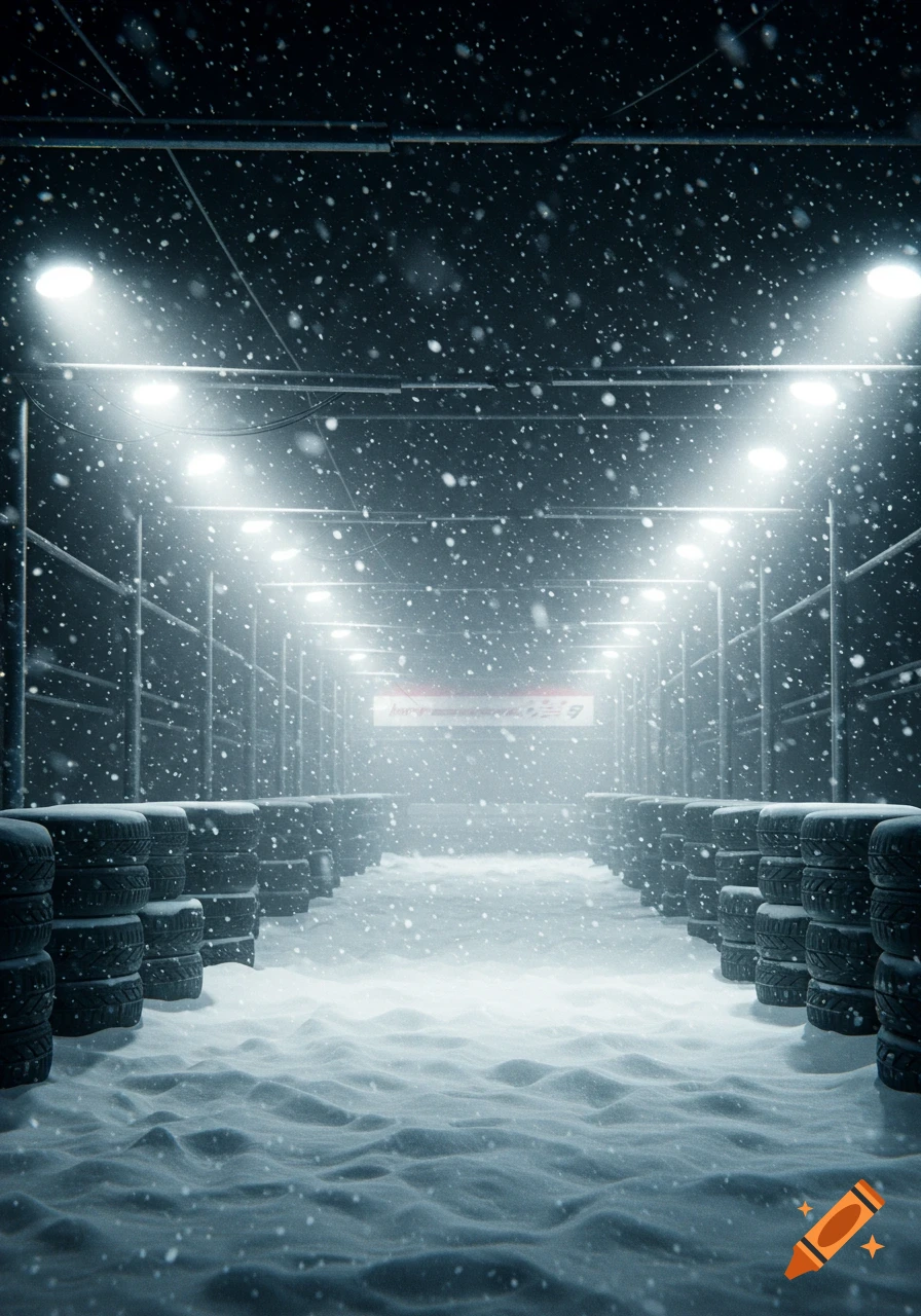 A snow-covered pitlane with stacks of tires under bright overhead lights, heavy snowfall creates a cold, atmospheric racing scene.