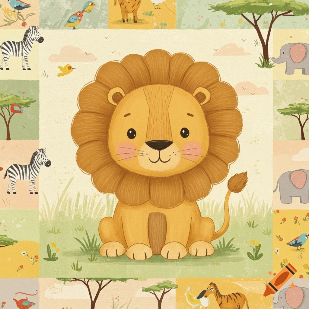 Cute cartoon lion sitting in a patchwork-style safari scene with zebras, elephants, and trees.
