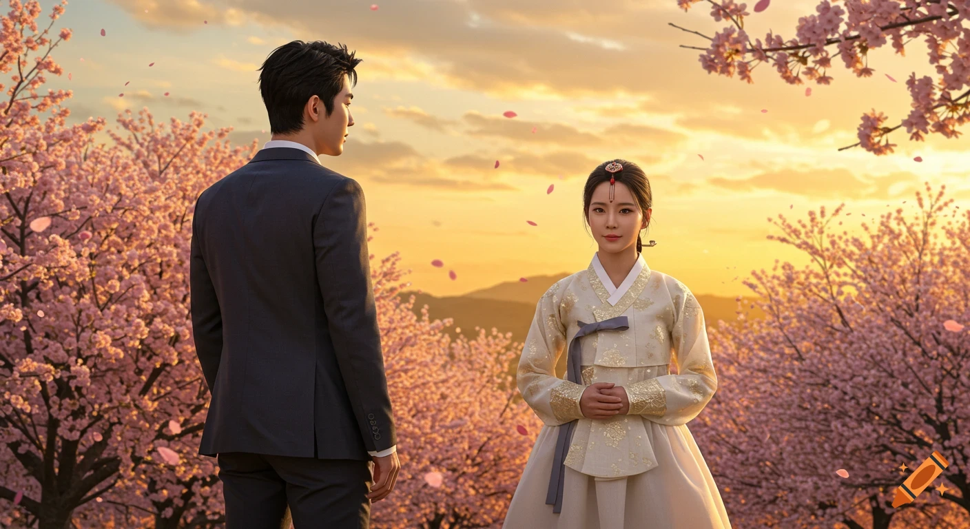 A man in a suit and woman in hanbok in a cherry blossom field at sunset.