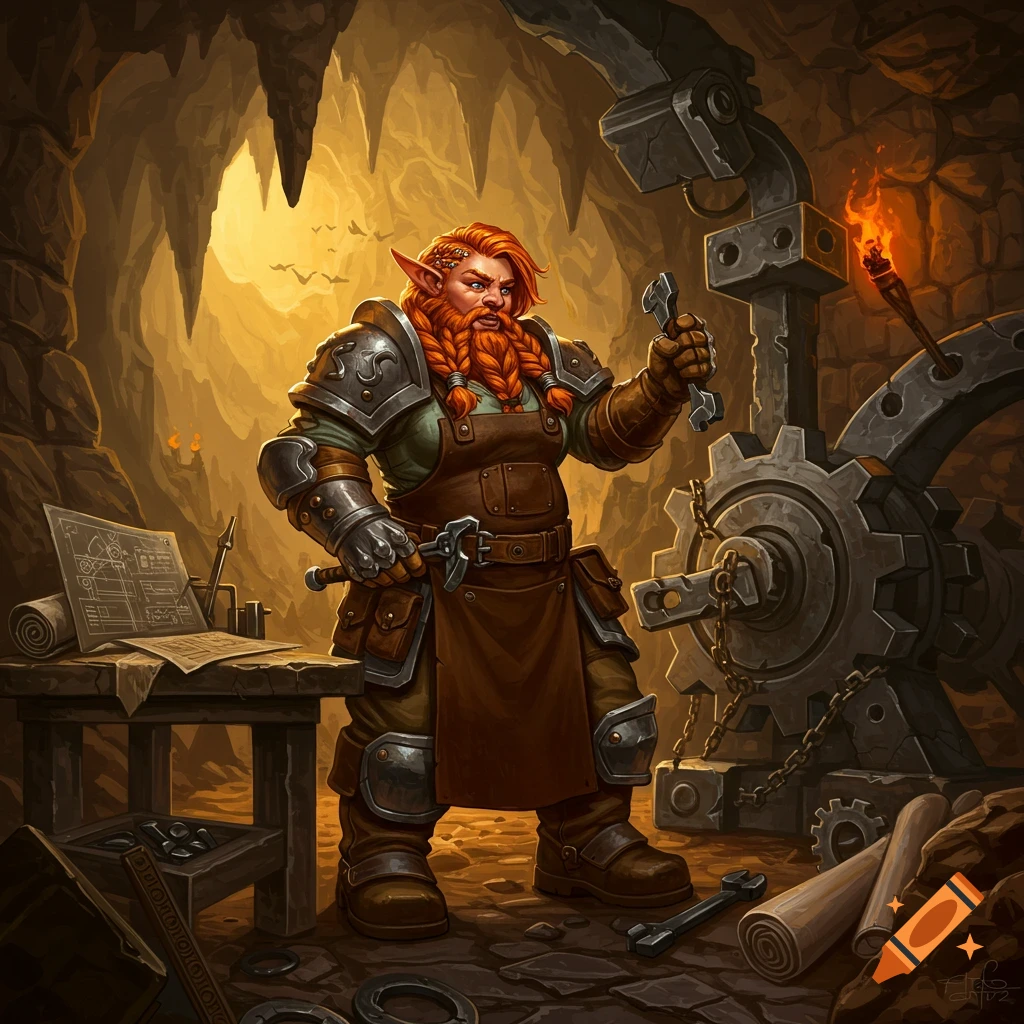 A female dwarf engineer with a braided red beard in a cave workshop, holding wrenches and standing next to large gears.