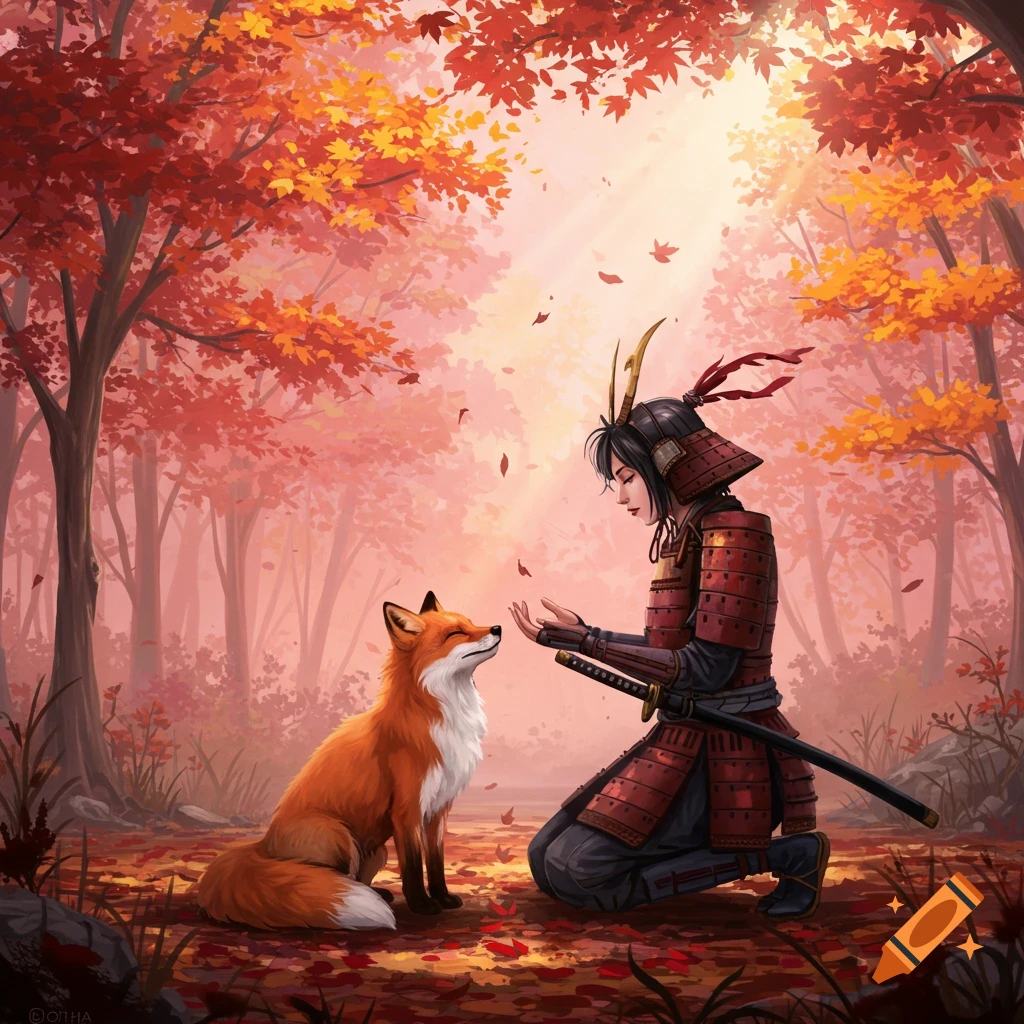 An anime-style female samurai kneels to a fox in a vibrant autumn Japanese maple forest at dawn.