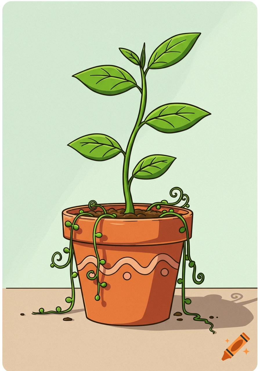 A simple cartoon illustration of a green plant with vines spilling out ...