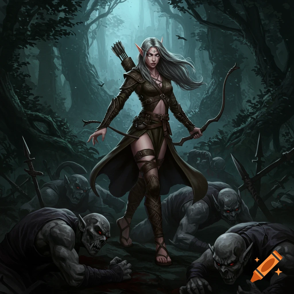 A white-haired elf archer stands victorious over defeated goblin-like foes in a dark, atmospheric forest in a fantasy art style.