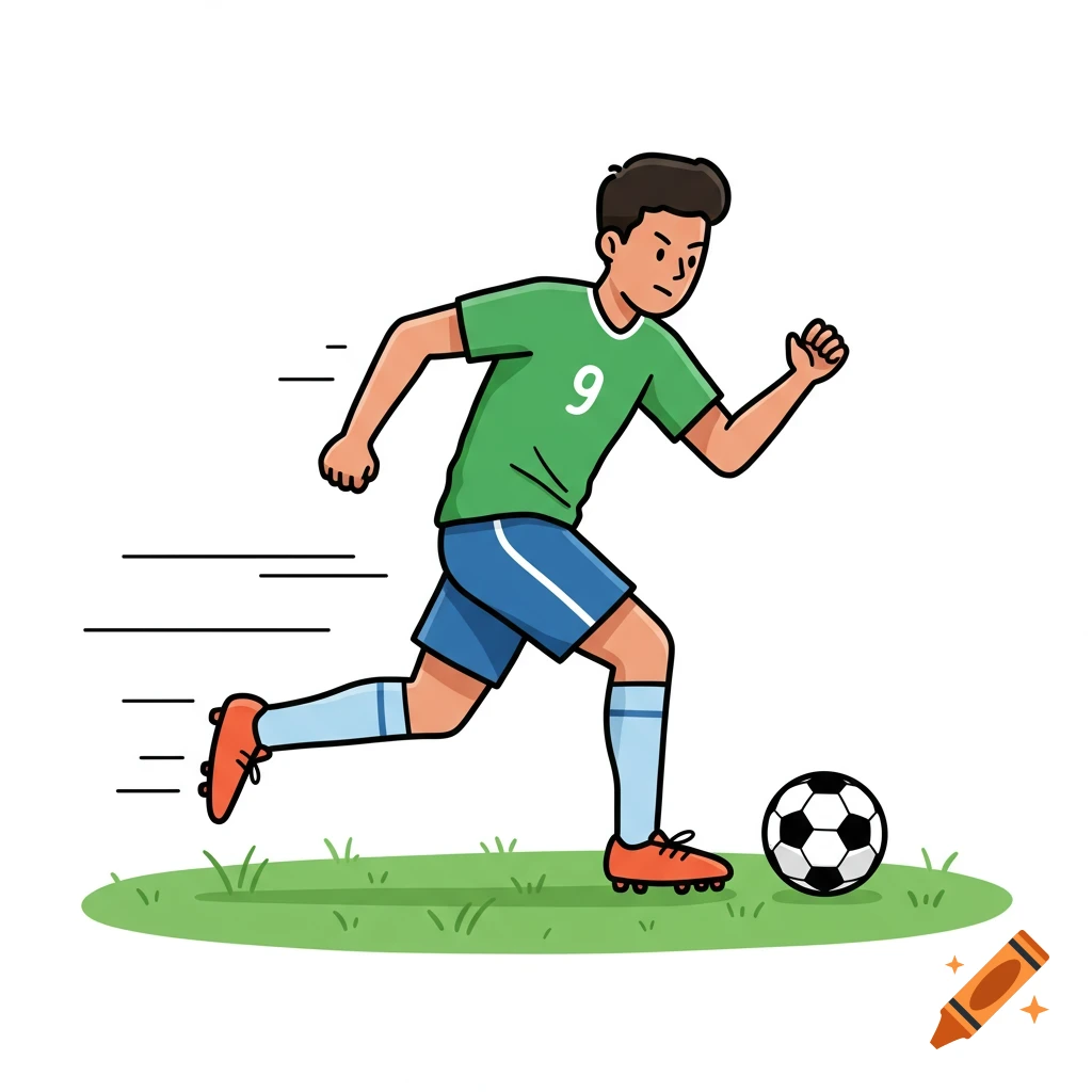 Cartoon illustration of a youth soccer player in a green number 9 jersey, blue shorts, running with a soccer ball on a grassy field, depicted with speed lines.
