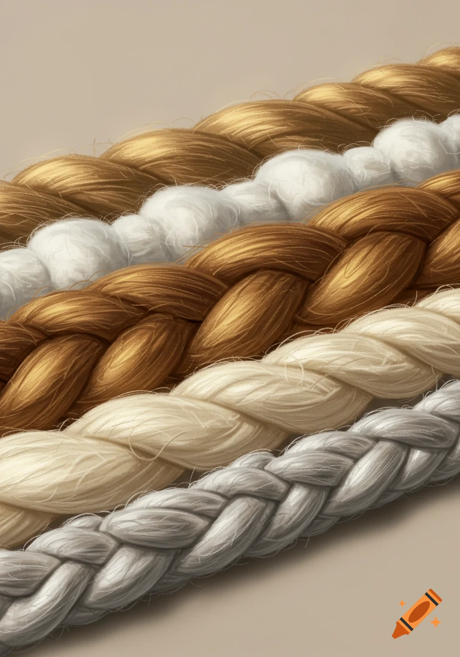 Close-up of several braided ropes or textile fibers in varying shades of gold, white, cream, and silver-grey, laid diagonally.