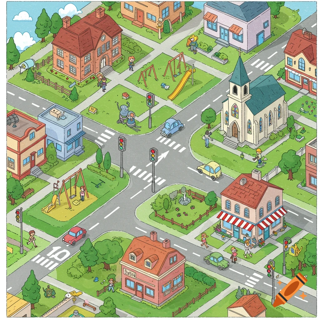 A colorful cartoon isometric town map with houses, a church, shops, playgrounds, cars, people, crossroads, and traffic lights.