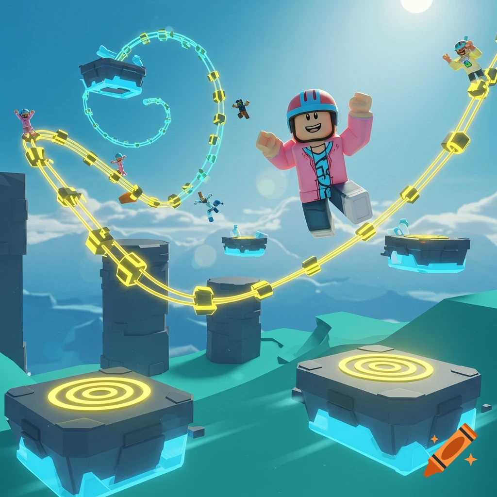 A Roblox-style character jumps on a floating platform path in a bright, stylized obstacle course under a blue sky.