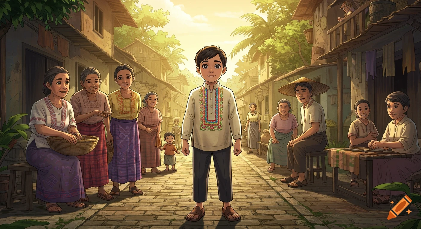 A young boy in a traditional embroidered shirt stands center in a village street with smiling people and houses, in a bright comic style.