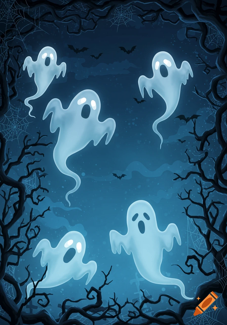 Cartoon illustration of five glowing white ghosts flying in a spooky night sky, framed by gnarled bare trees and bats.