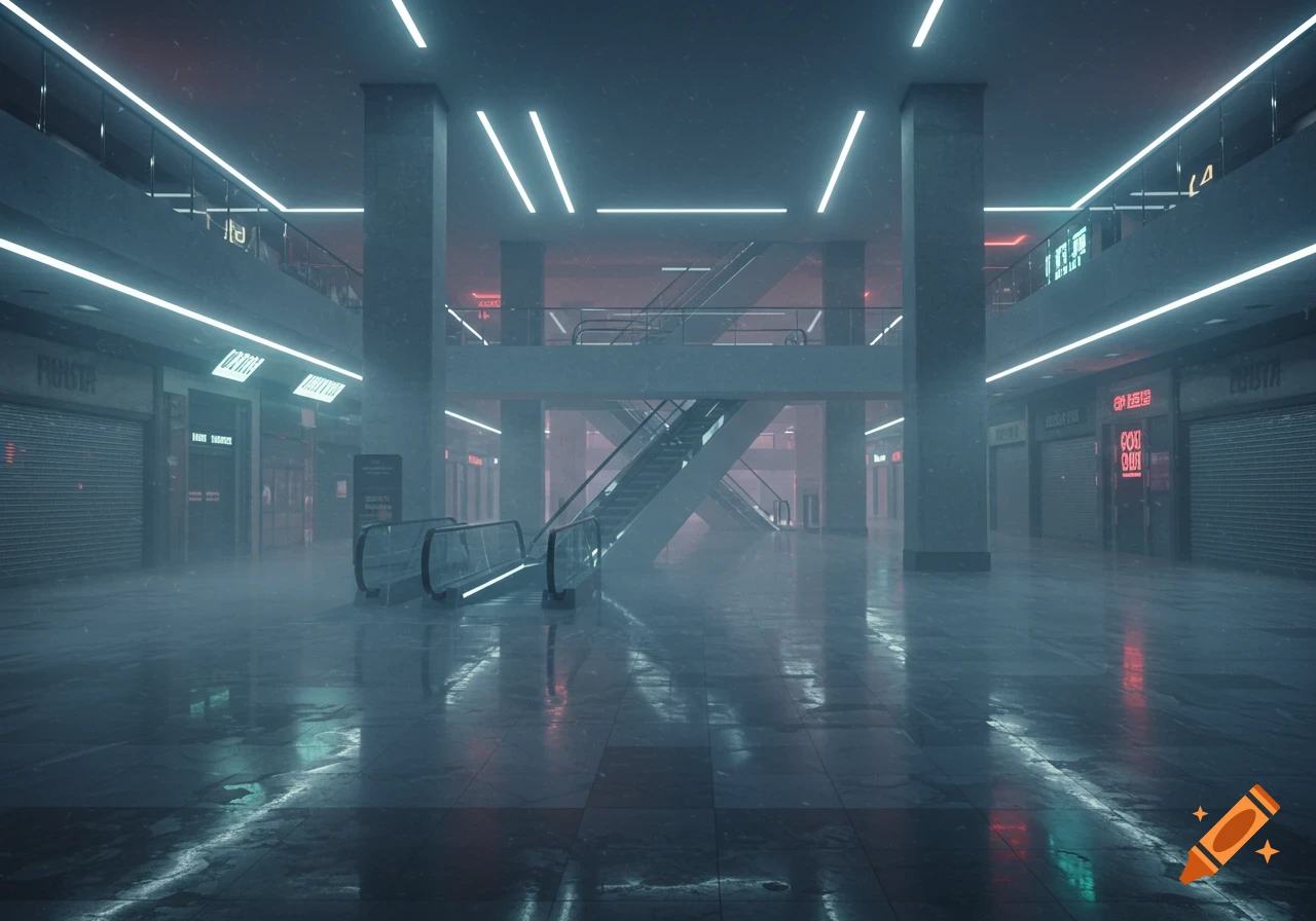 An empty, eerie shopping mall interior with escalators, reflective wet floors, and fluorescent lighting, shrouded in a smoky atmosphere.
