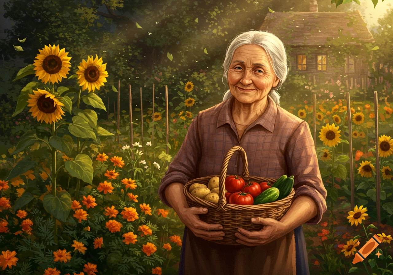 An elderly woman with white hair smiles, holding a basket of fresh vegetables in a sunny garden filled with sunflowers and marigolds.