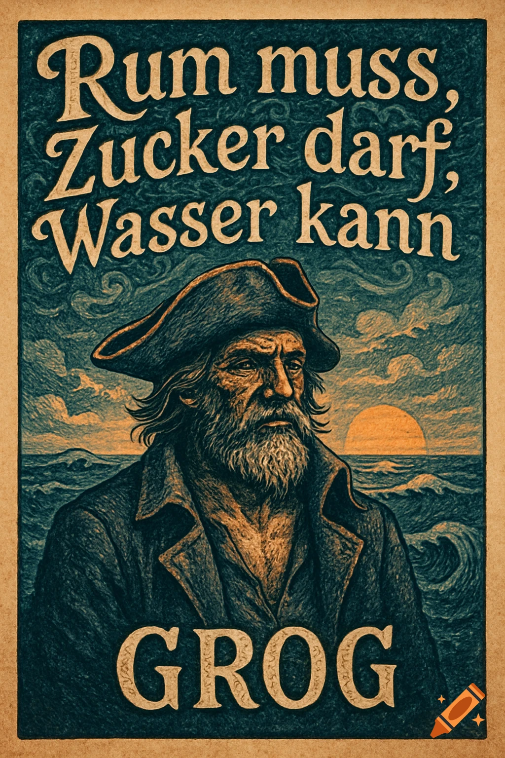 Vintage poster of a grizzled pirate looking over a stormy sea at sunset, with text about rum, sugar, water, and grog.