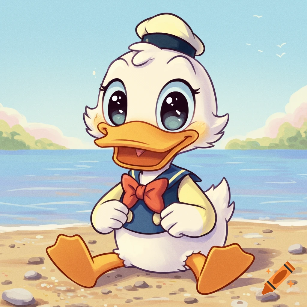 A cute, big-eyed cartoon duck in a sailor outfit sits on a sandy beach next to the calm blue ocean.