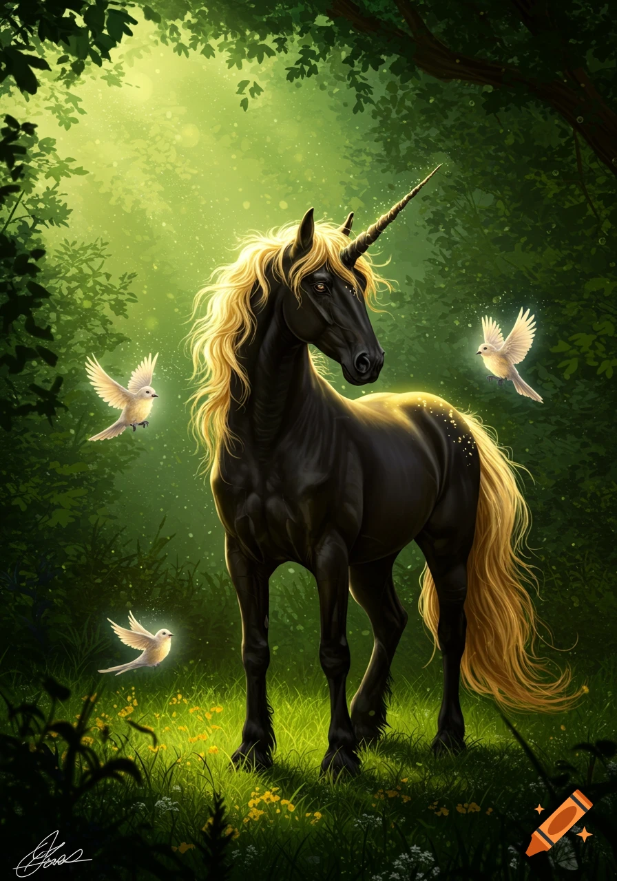 A black unicorn with a golden mane and tail stands in a lush, magically lit green forest, surrounded by glowing white birds.