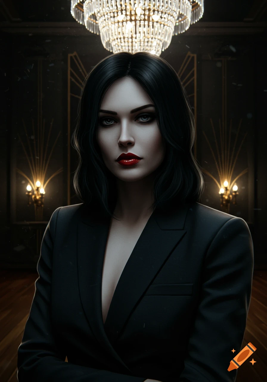 A woman with dark hair and red lips wearing a black suit stands in an elegant, dimly lit room under a chandelier, photorealistic style.