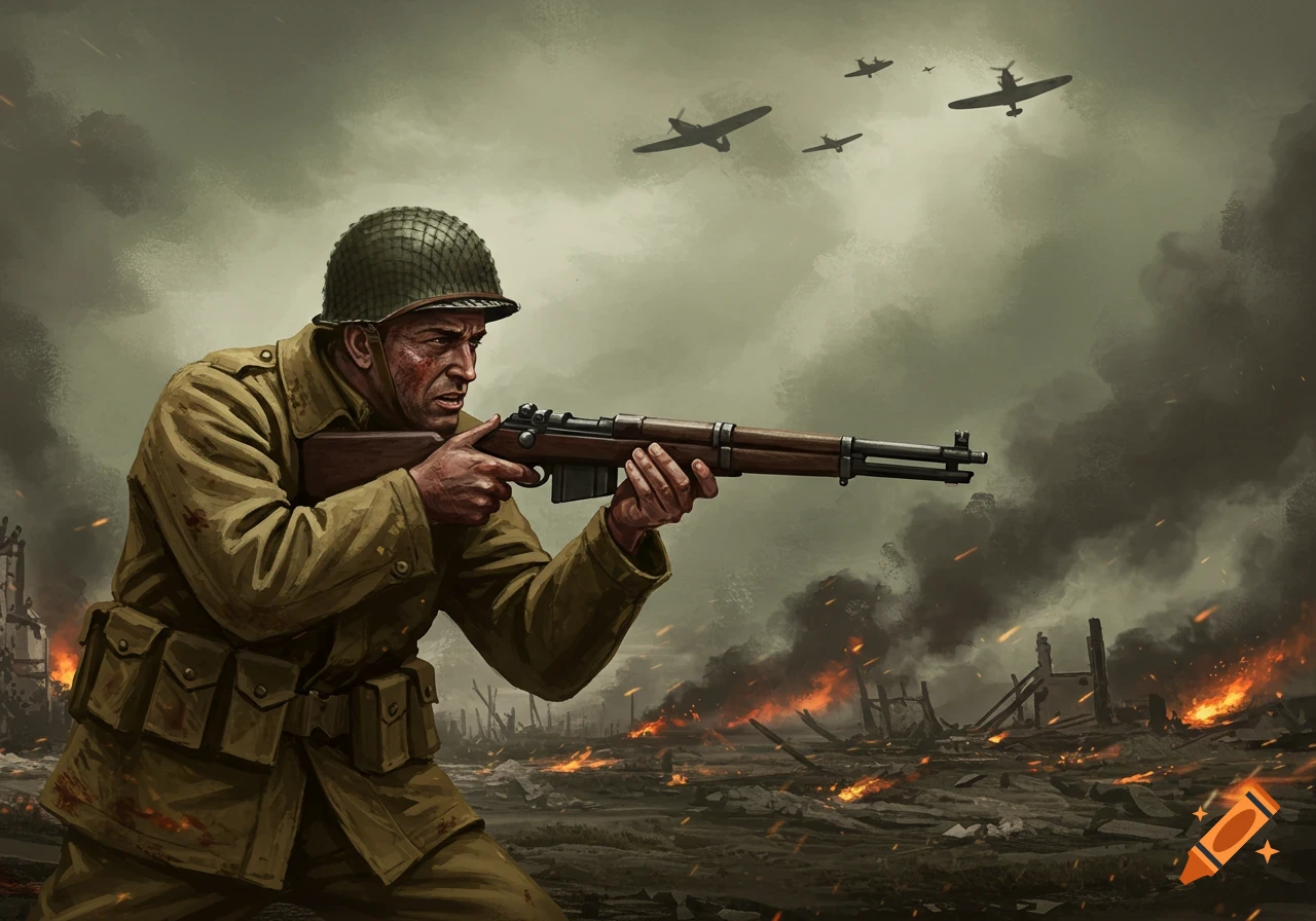 A determined soldier aims a rifle amidst explosions and burning ruins, with warplanes flying in a smoky sky, in an illustrated style.