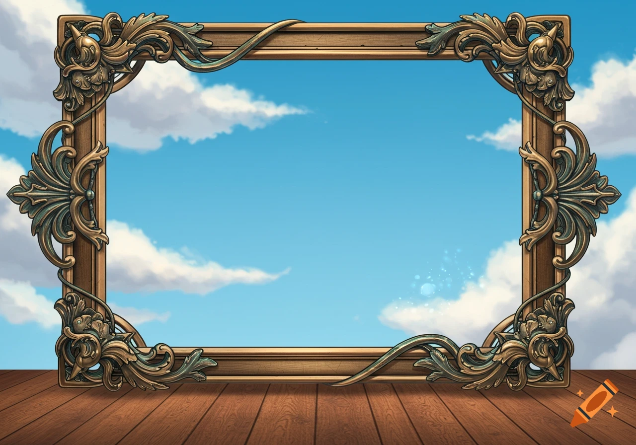 An ornate bronze fantasy frame rests on a wooden floor, with a clear blue sky and white clouds visible through its opening.