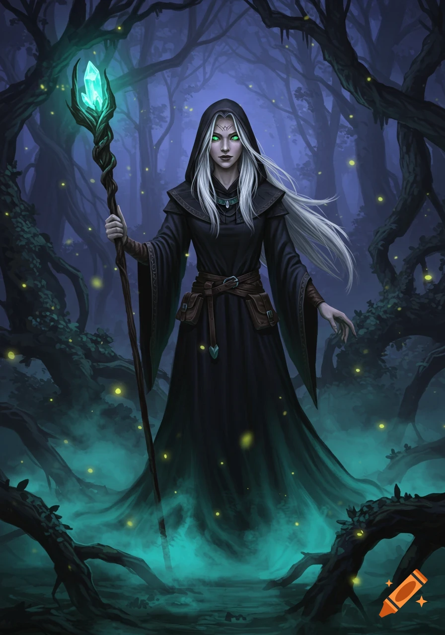 A witch with long white hair, green eyes, and a black hooded robe stands in a dark, misty forest, holding a glowing green crystal staff.