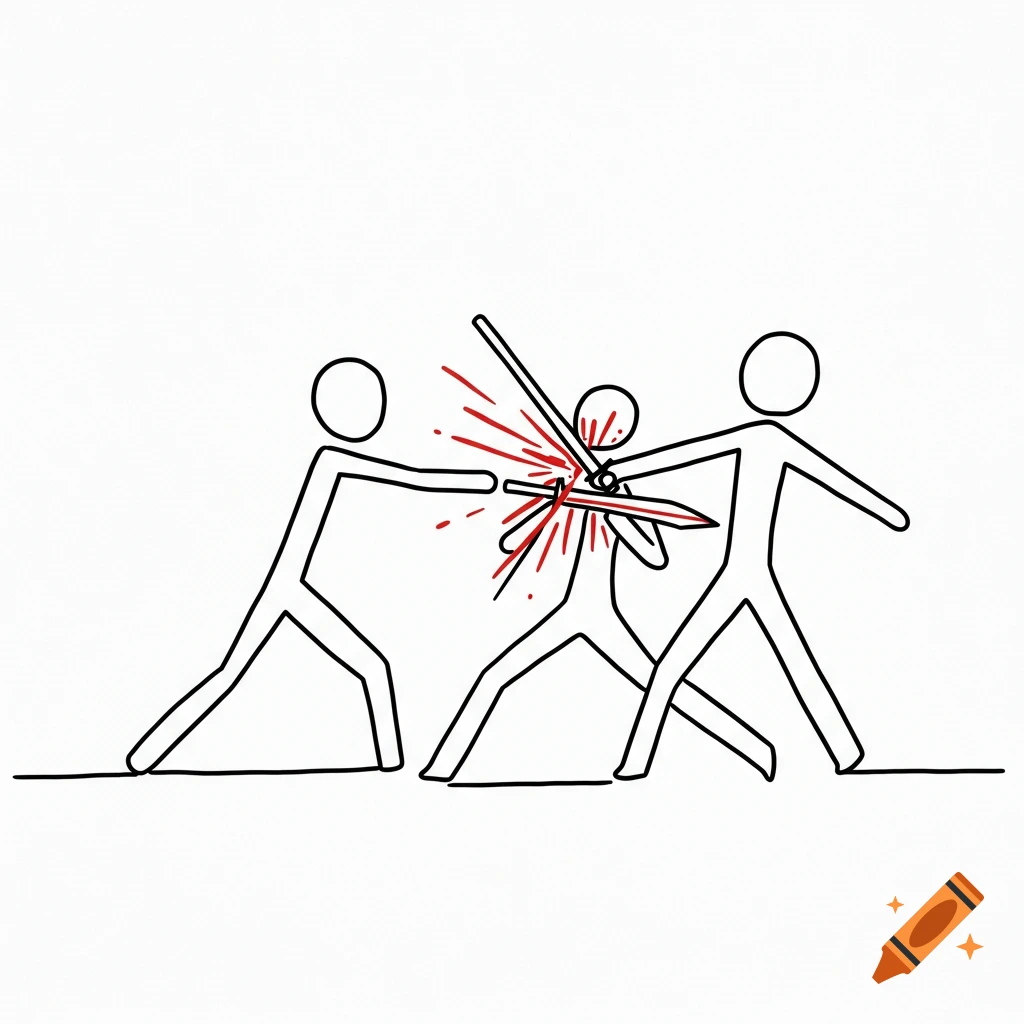 A black line drawing of three stick figures, one stabbing another with a sword, resulting in red splatters.