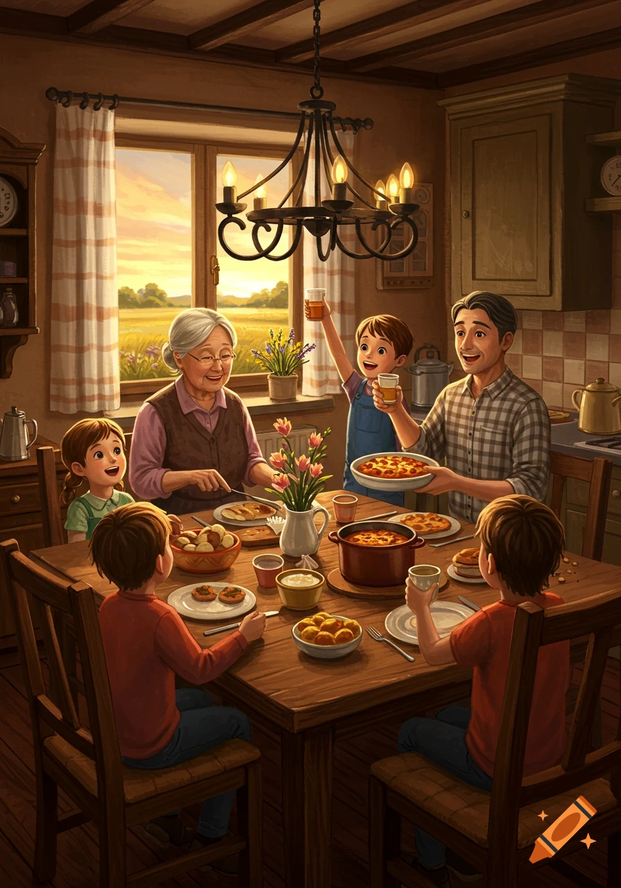 An illustrative image of a multi-generational family happily enjoying a meal together around a wooden table in a cozy, sunlit kitchen.