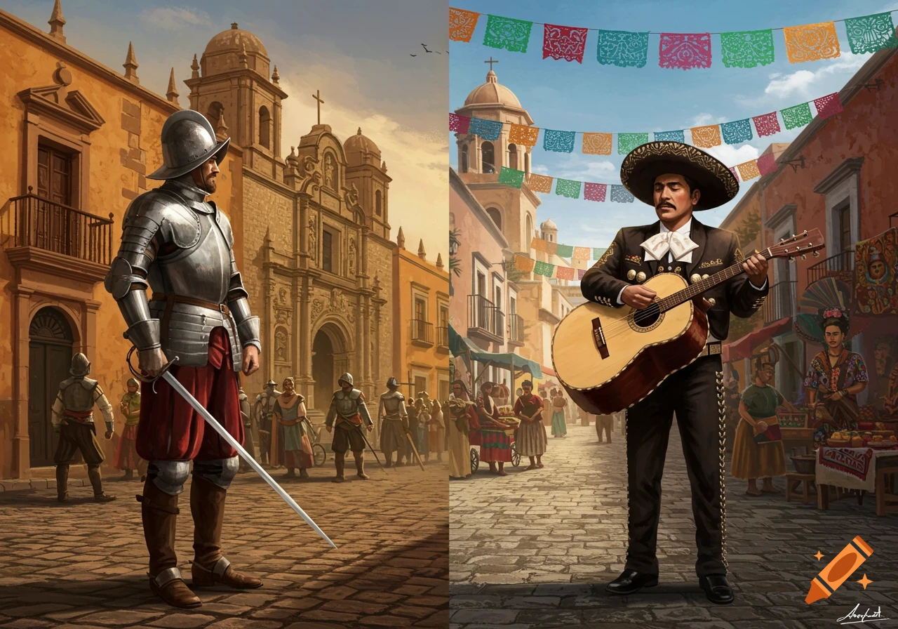 Split image of a Spanish conquistador before a colonial church and a mariachi playing guitar on a festive Mexican street.