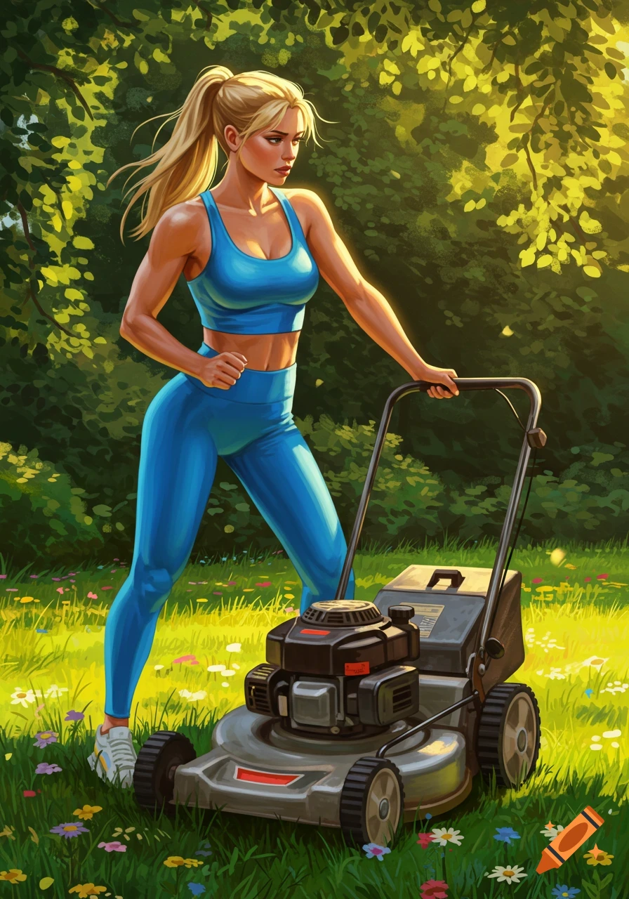 Vibrantly illustrated blonde woman in a blue gym outfit pushing a lawnmower in a sunny, flower-filled garden.