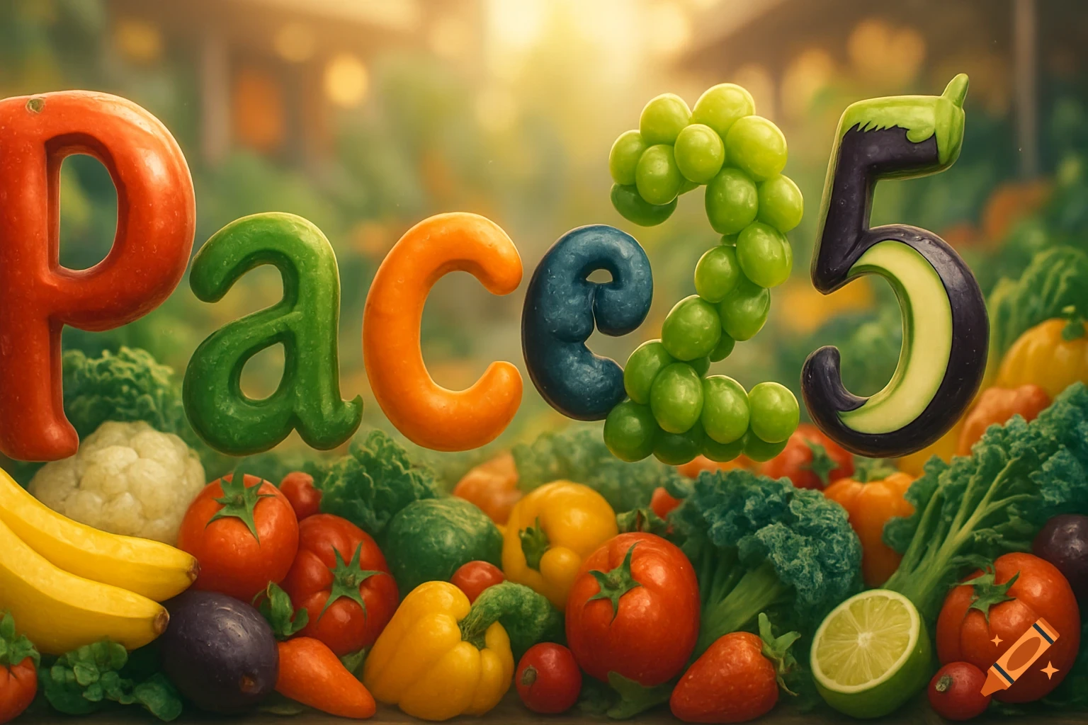The word 'Pace' and the number '25' are formed by colorful fruits and vegetables, set in a sunny garden.
