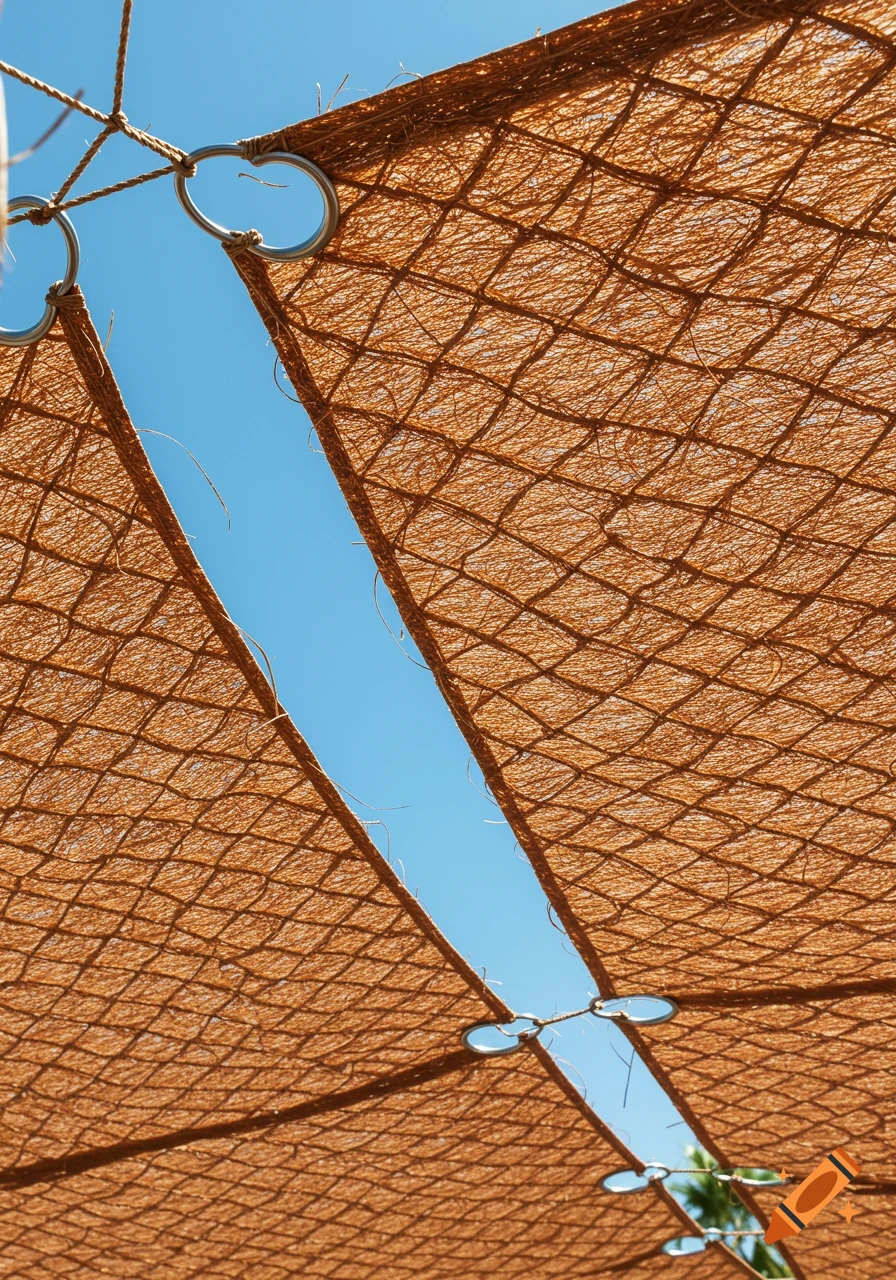 Close-up of a brown woven shade sail with metal rings against a clear blue sky.