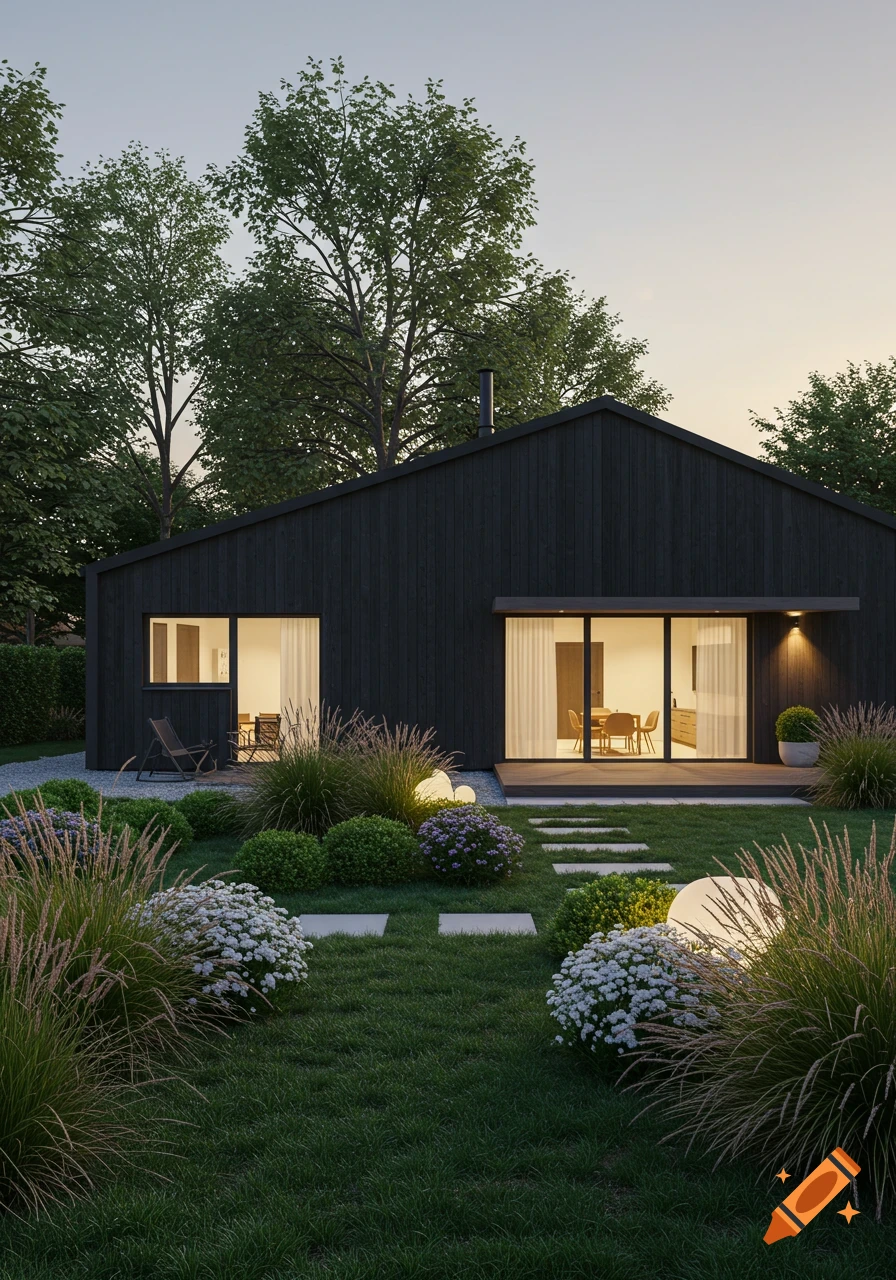 A modern black country house with an angled roof, set in a lush garden with stepping stones and illuminated orb lights, at dusk.