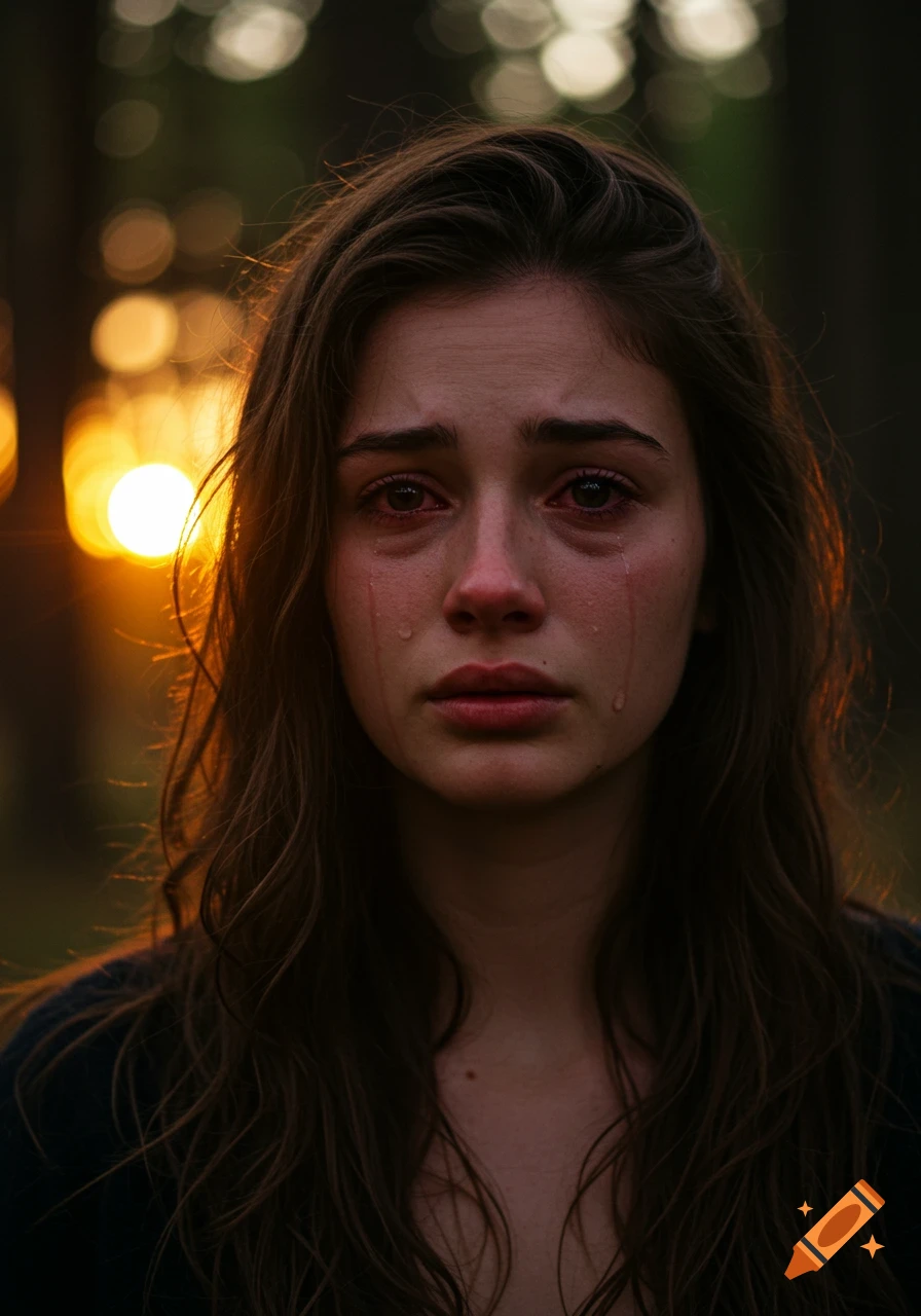 Dramatic portrait of a young woman crying in a forest at sunset, with warm light on her tear-streaked face.
