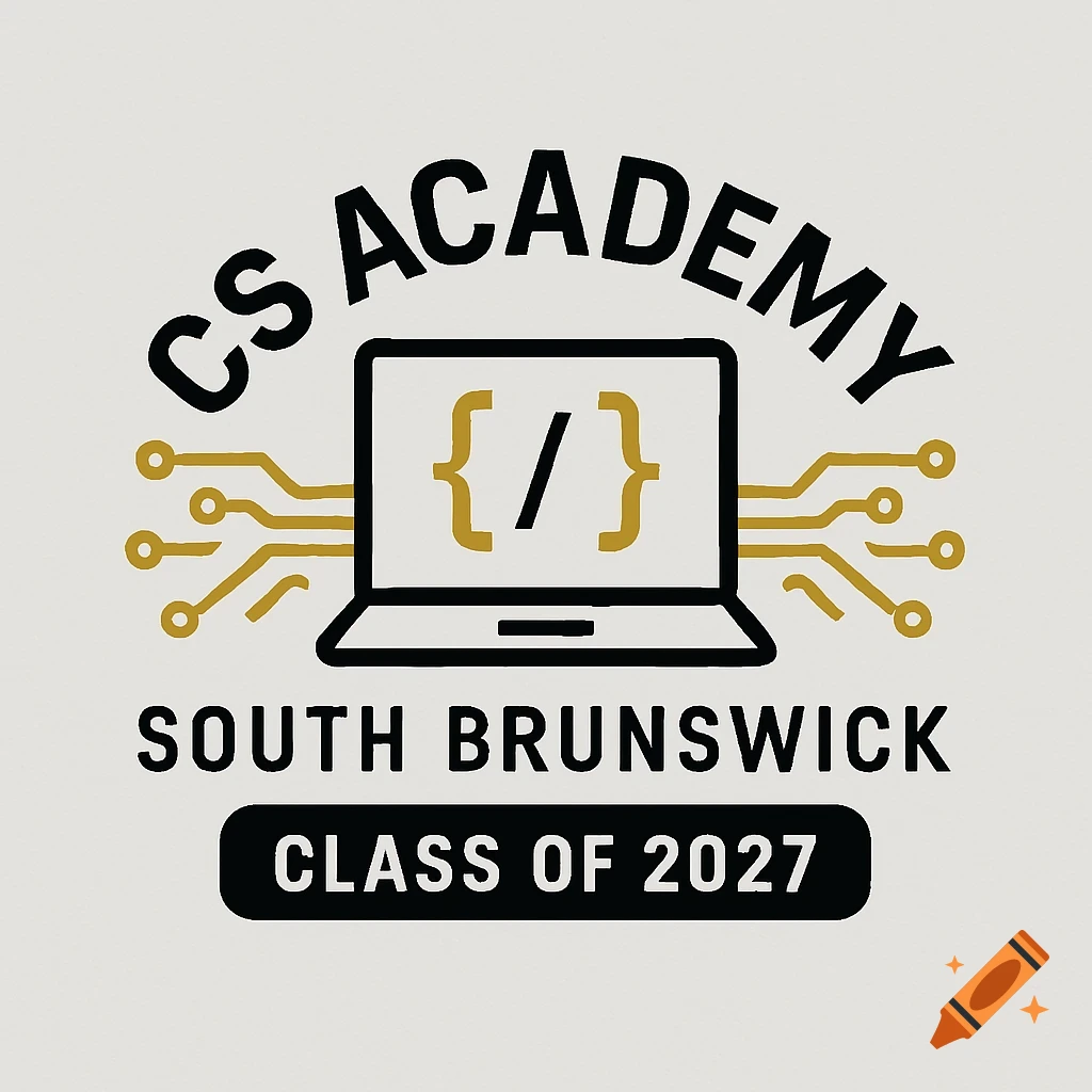 A black and gold logo for CS Academy South Brunswick, featuring a laptop icon with code brackets and circuitry, text 'Class of 2027'.