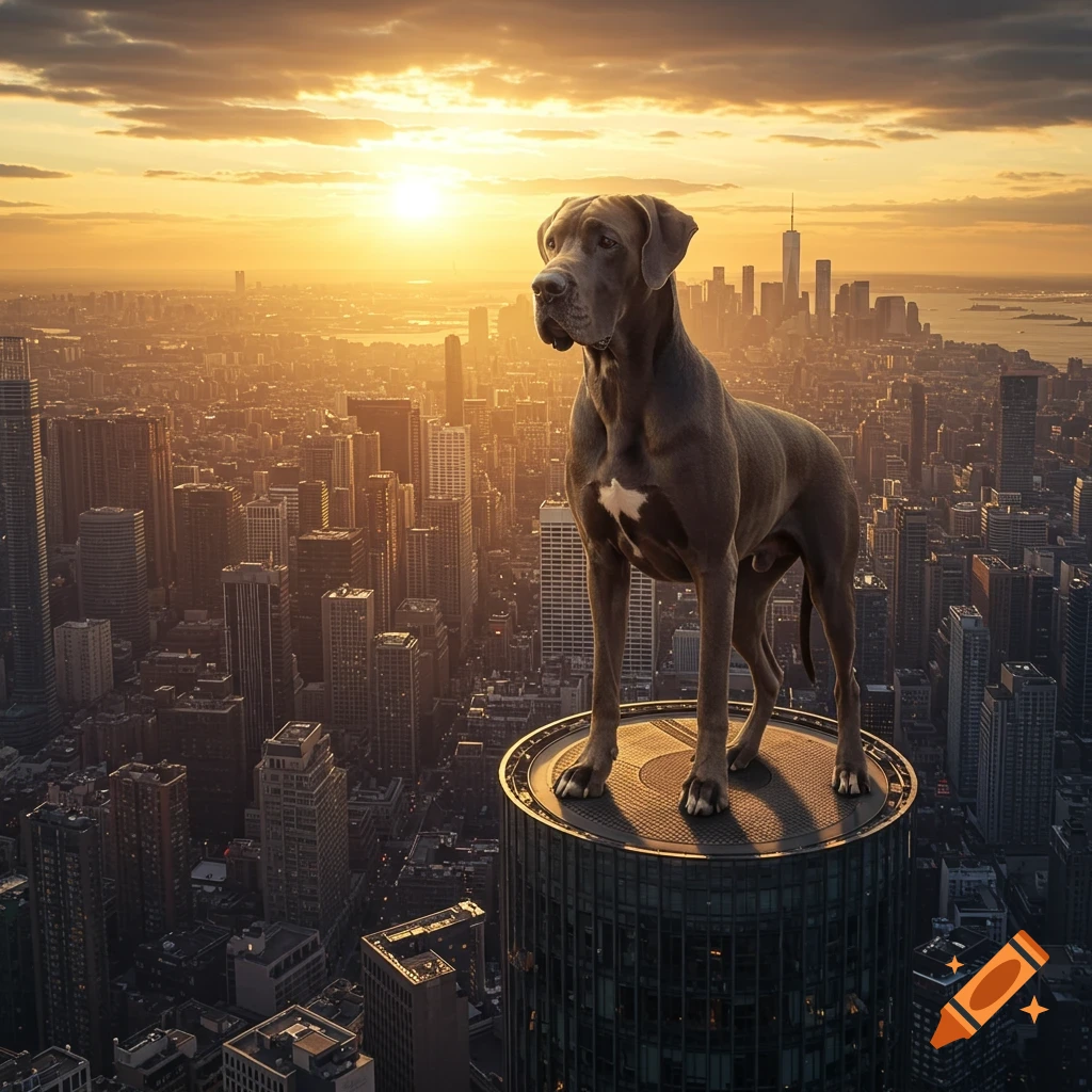 A giant photorealistic Great Dane stands on a skyscraper rooftop, overlooking a city at sunset.