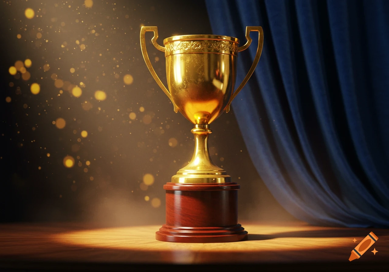 A gleaming golden trophy with a textured surface sits on a polished wooden base, spotlit on a stage with a blue curtain backdrop and sparkling bokeh lights.