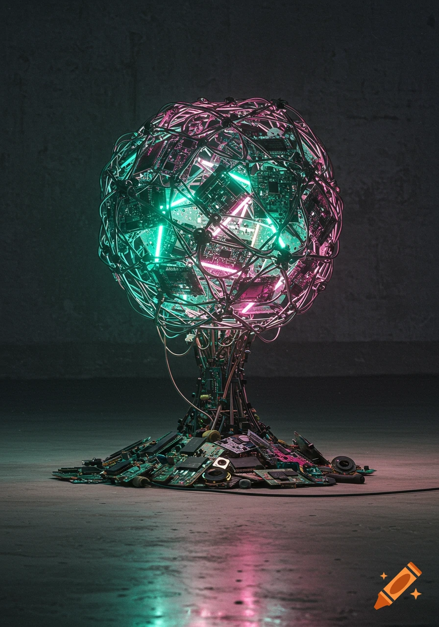 A glowing spherical lamp made of circuit boards, wires, and neon green and pink lights, resting on e-waste in a dark room.