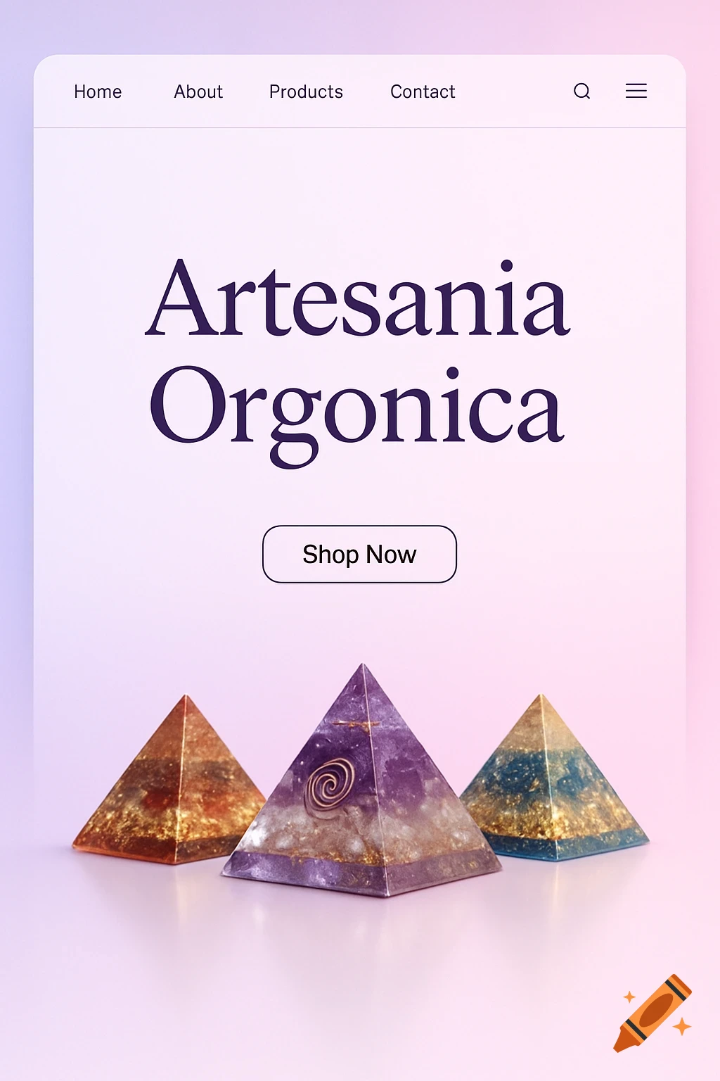 Website mockup with 'Artesania Orgonica' title, navigation, 'Shop Now' button, and three colorful orgonite pyramids.