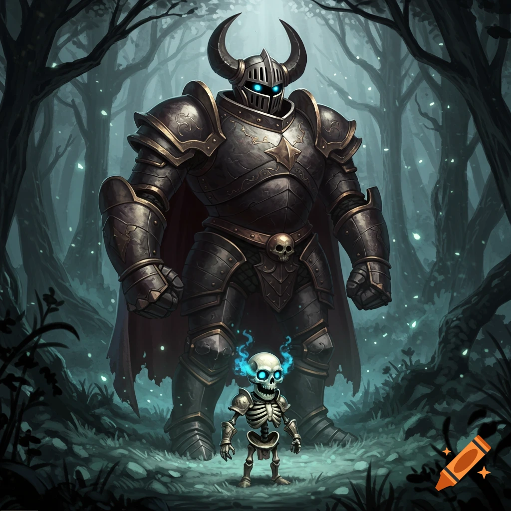 A giant horned knight with glowing blue eyes stands over a small, glowing skeleton in a dark, misty forest, digital art.
