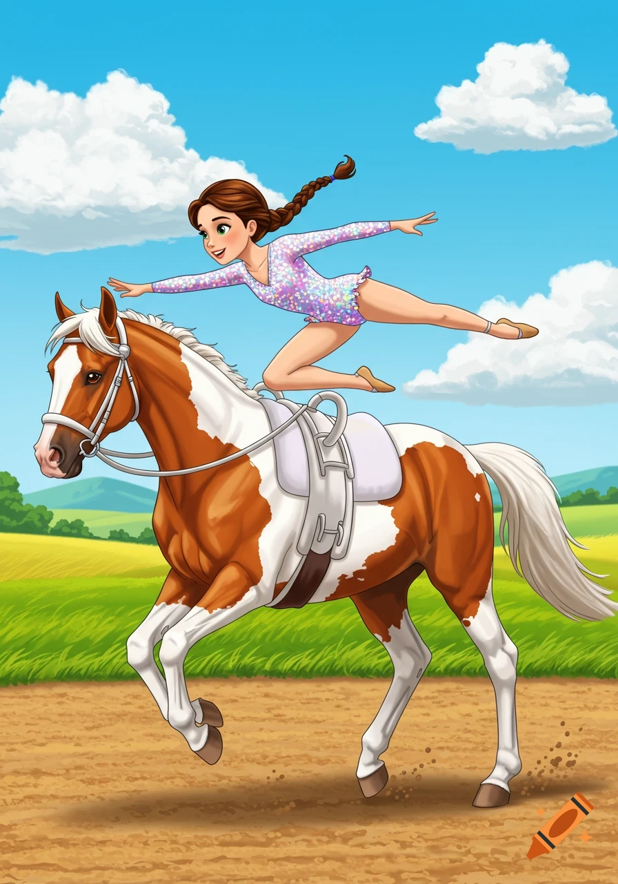 Cartoon of a girl in a sparkly leotard doing equestrian vaulting on a pinto horse, set against a bright field and blue sky.