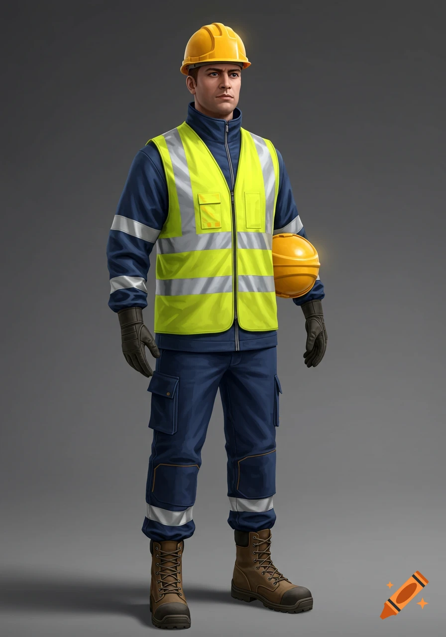 A male worker in a yellow hard hat, reflective vest, blue uniform, gloves, and work boots, holding a second hard hat.