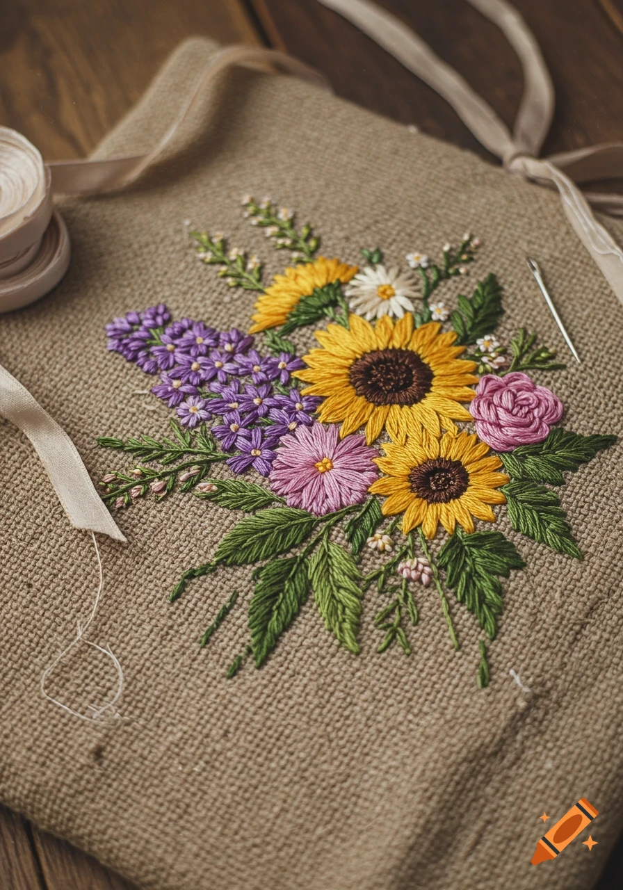 Close-up of a colorful embroidered bouquet of sunflowers, purple flowers, and pink roses on a burlap bag, with thread and needle nearby.