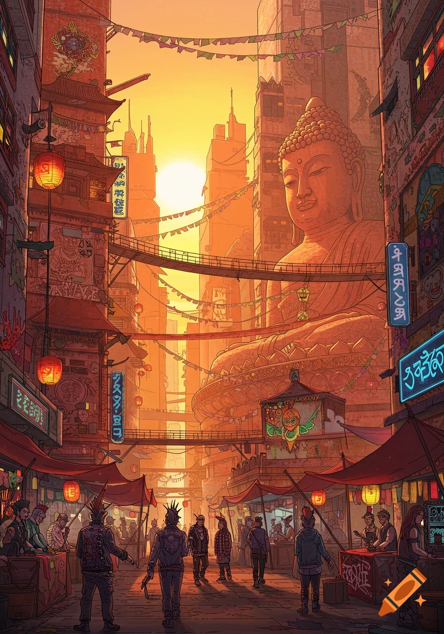 A vibrant, stylized cityscape at sunset with towering Buddha statues, punk rock figures, market stalls, and futuristic buildings.
