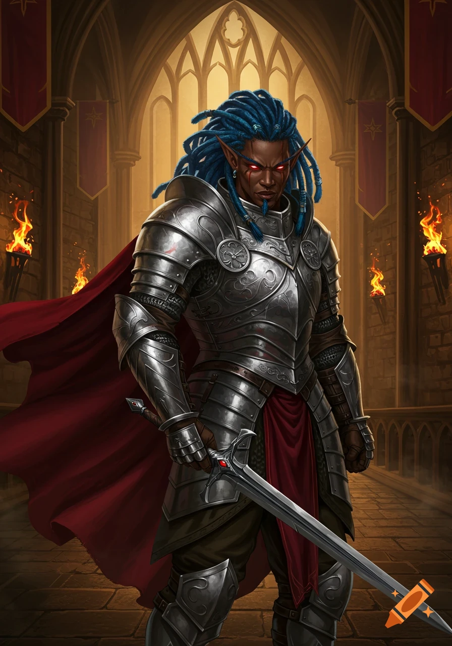 A dark-skinned male elf warrior with blue dreadlocks and red eyes ...