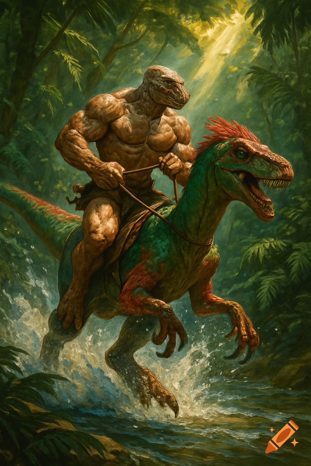 A muscular lizard-man wearing a loincloth rides a green and red raptor ...