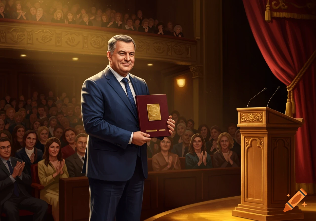 A man in a blue suit holds a red award document with a gold seal on a stage, smiling at a clapping audience in an auditorium.