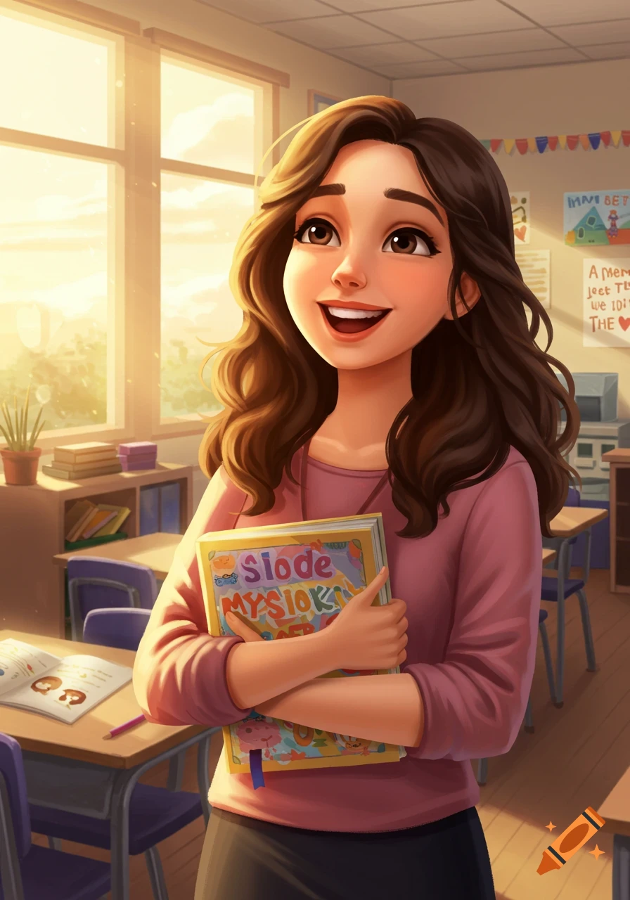 A smiling female teacher with long brown hair holds a book in a sunny classroom, depicted in a digital art style.