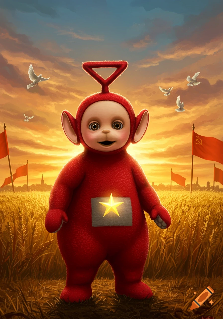 A red Teletubby with a yellow star on its belly stands in a golden wheat field at sunset, with Soviet flags and white doves in the sky.