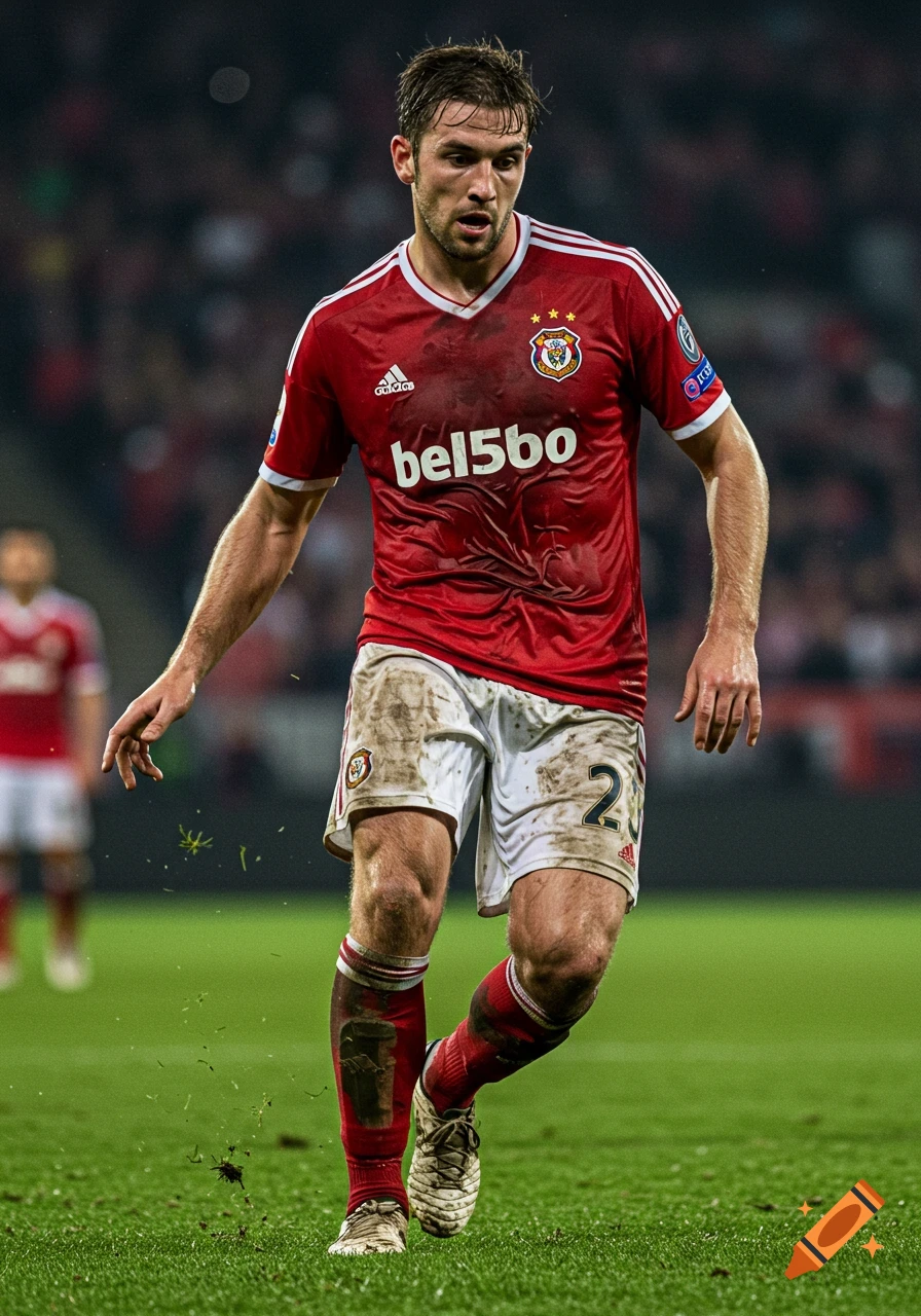 A male soccer player in a red and white uniform, covered in mud, stands on a green field looking forward. The image is photorealistic.