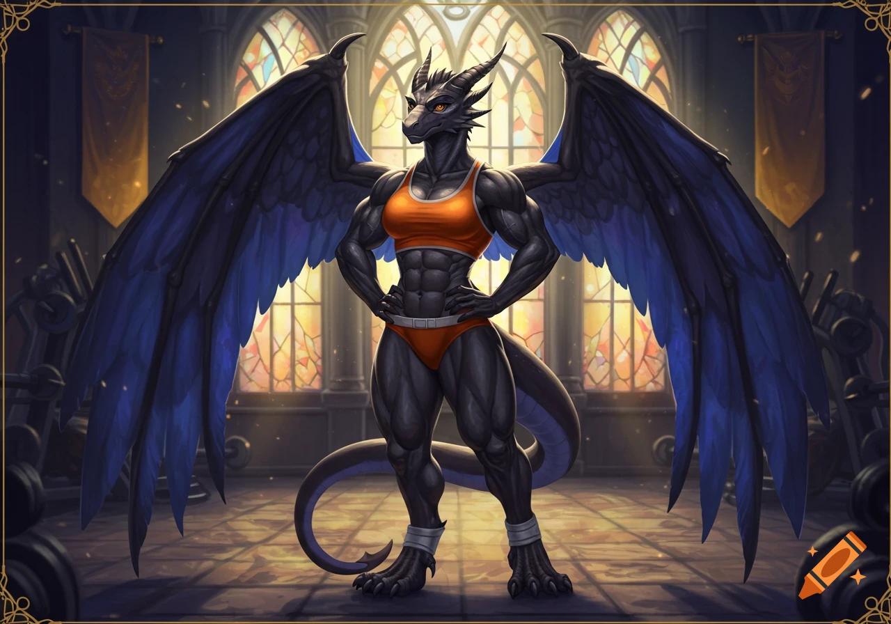 A dark gray anthropomorphic dragon with large blue wings, wearing an orange sports bra and underwear, stands flexed in a grand hall with stained glass windows.